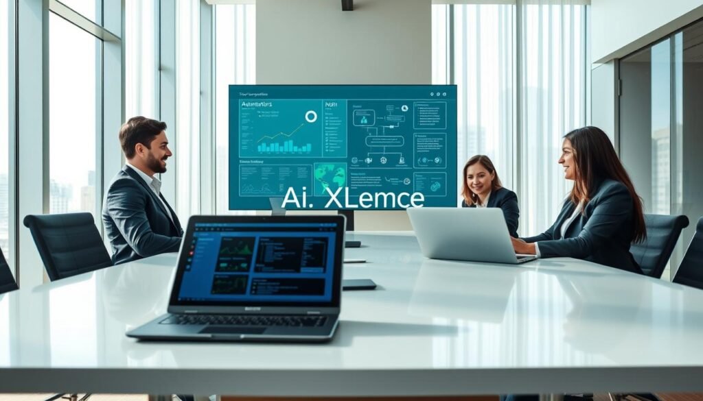 A modern office setting showcasing professionals utilizing AI technology for workflow improvements. In the foreground, a diverse group of three business people, dressed in professional attire, collaborates around a sleek conference table with laptops open, displaying AI software interfaces. The middle ground features a large digital screen illustrating data analytics and automated task flow diagrams. In the background, floor-to-ceiling windows allow natural light to pour in, casting soft shadows and creating a bright, optimistic atmosphere. The scene is captured with a wide-angle lens, ensuring a dynamic perspective that highlights both the teamwork and the sophisticated technology. The overall mood is innovative and productive, symbolizing the transformative power of AI in business operations. The brand name "AI XLence" is subtly integrated into the digital screen display. Be smart and stay ahead, Ray Baker. A modern office setting showcasing professionals utilizing AI technology for workflow improvements. In the foreground, a diverse group of three business people, dressed in professional attire, collaborates around a sleek conference table with laptops open, displaying AI software interfaces. The middle ground features a large digital screen illustrating data analytics and automated task flow diagrams. In the background, floor-to-ceiling windows allow natural light to pour in, casting soft shadows and creating a bright, optimistic atmosphere. The scene is captured with a wide-angle lens, ensuring a dynamic perspective that highlights both the teamwork and the sophisticated technology. The overall mood is innovative and productive, symbolizing the transformative power of AI in business operations. The brand name "AI XLence" is subtly integrated into the digital screen display. Be smart and stay ahead, Ray Baker.