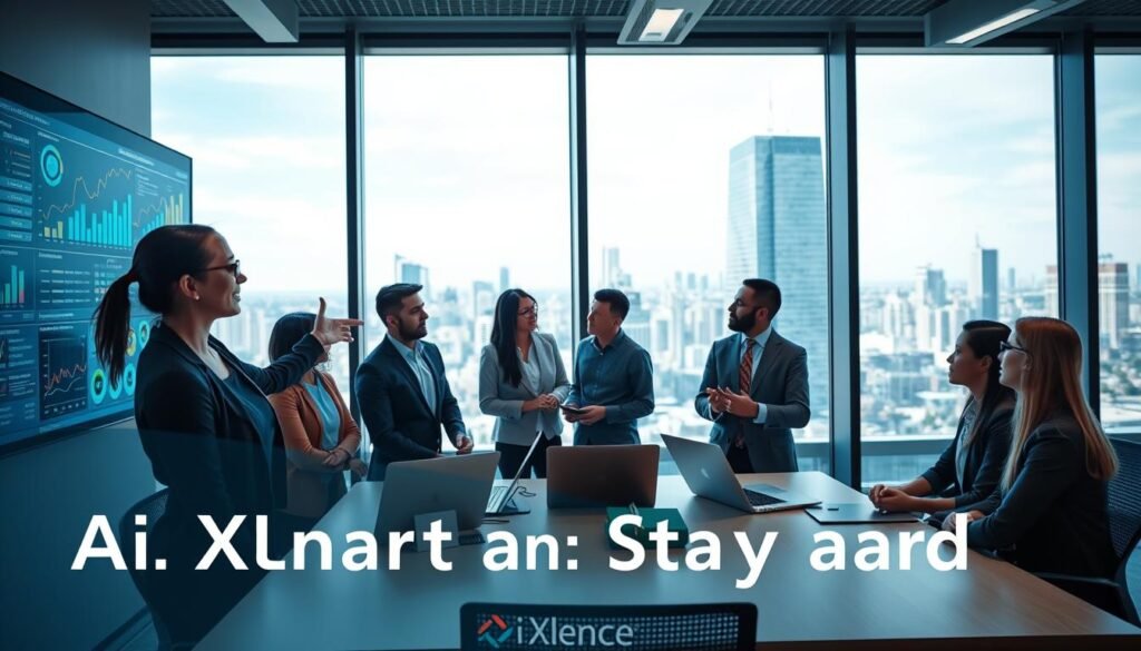 A modern office space featuring a professional business meeting in progress, where diverse team members are analyzing data insights displayed on sleek digital screens. In the foreground, a confident woman in business attire points at a vibrant dashboard filled with graphs and charts, symbolizing enhanced decision-making. The middle ground reveals engaged colleagues discussing operational efficiency strategies, all surrounded by innovative technology such as tablets and laptops. The background showcases a panoramic view of a bustling city skyline through large windows, suggesting progress and opportunity. The lighting is bright and inspiring, emphasizing a productive atmosphere. Capture this scene with a wide-angle lens to convey depth and connectivity among the team. Include the brand name "AI XLence" subtly integrated into the design. Be smart and stay ahead, Ray Baker. A modern office space featuring a professional business meeting in progress, where diverse team members are analyzing data insights displayed on sleek digital screens. In the foreground, a confident woman in business attire points at a vibrant dashboard filled with graphs and charts, symbolizing enhanced decision-making. The middle ground reveals engaged colleagues discussing operational efficiency strategies, all surrounded by innovative technology such as tablets and laptops. The background showcases a panoramic view of a bustling city skyline through large windows, suggesting progress and opportunity. The lighting is bright and inspiring, emphasizing a productive atmosphere. Capture this scene with a wide-angle lens to convey depth and connectivity among the team. Include the brand name "AI XLence" subtly integrated into the design. Be smart and stay ahead, Ray Baker.