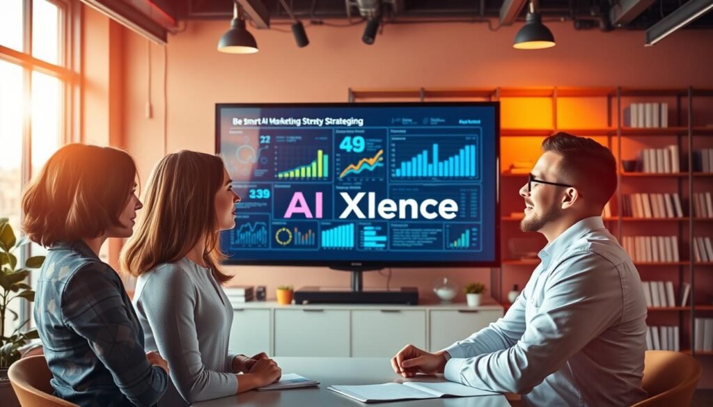 A modern office space filled with vibrant colors and dynamic lighting, illustrating the theme of "Overview of Practical AI Solutions for Marketing Challenges." In the foreground, a diverse group of professionals—two women and a man—engaged in a brainstorming session, dressed in smart business attire. The middle features a large digital screen displaying graphs and data visualizations that represent AI-driven marketing strategies. In the background, shelves filled with marketing literature and AI technology devices create an innovative atmosphere. Warm, natural light filters through large windows, casting a creative glow over the scene. The overall mood is energetic and inspiring, showcasing collaboration and forward-thinking in marketing. The brand name "AI XLence" is subtly integrated into the digital content on the screen. Be smart and stay ahead, Ray Baker.