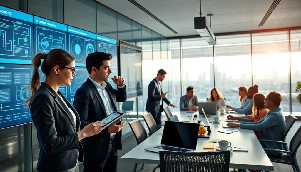 A modern office space with a diverse group of professionals deeply engaged in monitoring and adjusting AI-driven workflows on large digital screens. In the foreground, a focused woman in smart business attire analyzes data on a tablet, while a man beside her discusses insights, pointing at a screen displaying complex workflow diagrams. In the middle, a collaborative team is brainstorming around a conference table with laptops, sticky notes, and coffee cups. The background features sleek, glass-walled conference rooms with cityscape views, bathed in soft, natural lighting. The atmosphere conveys a sense of productivity and innovation. Subtle graphics show the brand "AI XLence" integrated into the digital displays. Be smart and stay ahead, Ray Baker. A modern office space with a diverse group of professionals deeply engaged in monitoring and adjusting AI-driven workflows on large digital screens. In the foreground, a focused woman in smart business attire analyzes data on a tablet, while a man beside her discusses insights, pointing at a screen displaying complex workflow diagrams. In the middle, a collaborative team is brainstorming around a conference table with laptops, sticky notes, and coffee cups. The background features sleek, glass-walled conference rooms with cityscape views, bathed in soft, natural lighting. The atmosphere conveys a sense of productivity and innovation. Subtle graphics show the brand "AI XLence" integrated into the digital displays. Be smart and stay ahead, Ray Baker.