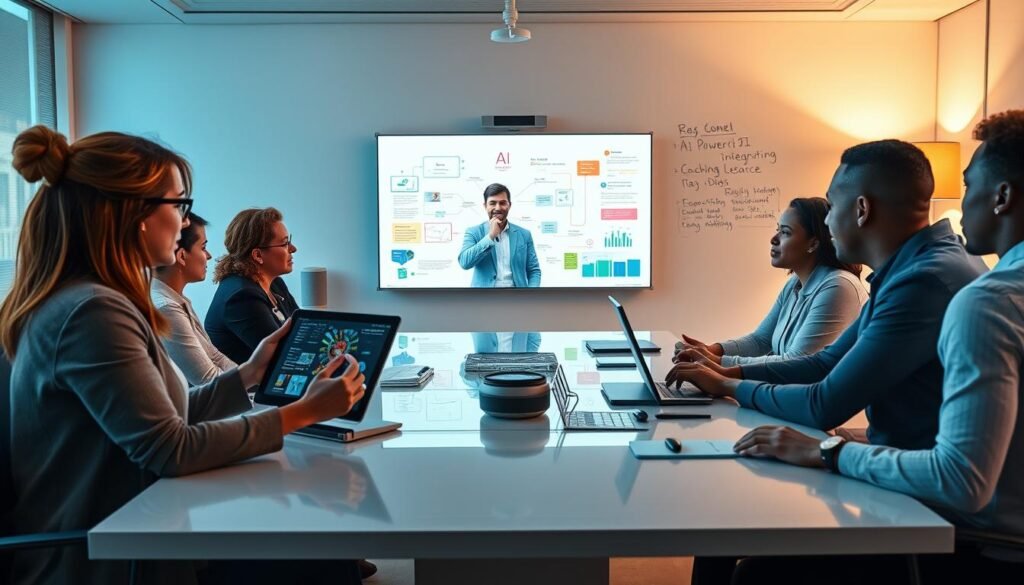 A modern office space with soft, ambient lighting, showcasing a diverse group of professional coaches engaged in dynamic discussions around a sleek, high-tech table with various digital devices. In the foreground, a female coach displays an AI-powered tablet featuring interactive visualizations, while in the middle, a male coach conducts a video call with a client projected on a large screen. The background features a whiteboard with colorful mind maps and notes about integrating AI tools into coaching routines. The atmosphere conveys innovation, collaboration, and productivity, encouraging a sense of forward-thinking. A subtle touch of the brand "AI XLence" is incorporated into the digital devices. Be smart and stay ahead, Ray Baker. A modern office space with soft, ambient lighting, showcasing a diverse group of professional coaches engaged in dynamic discussions around a sleek, high-tech table with various digital devices. In the foreground, a female coach displays an AI-powered tablet featuring interactive visualizations, while in the middle, a male coach conducts a video call with a client projected on a large screen. The background features a whiteboard with colorful mind maps and notes about integrating AI tools into coaching routines. The atmosphere conveys innovation, collaboration, and productivity, encouraging a sense of forward-thinking. A subtle touch of the brand "AI XLence" is incorporated into the digital devices. Be smart and stay ahead, Ray Baker.