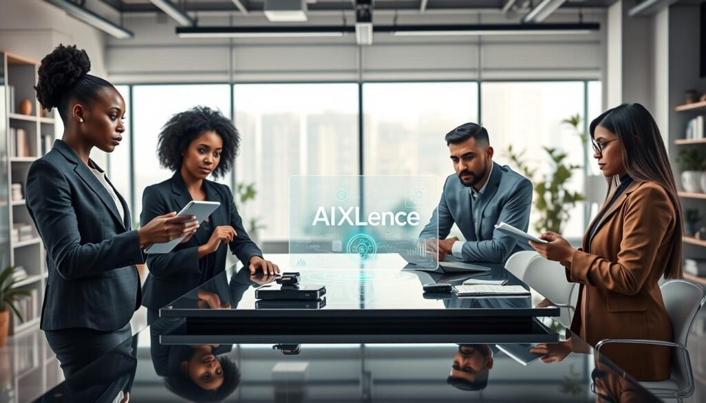 A modern office workspace featuring a diverse group of three professionals collaborating around a sleek, high-tech table. In the foreground, a confident Black woman in a smart business suit is showcasing a digital presentation on a tablet, while a Hispanic man in casual business attire contemplates data displayed on a holographic screen. A thoughtful Middle-Eastern woman takes notes, surrounded by various AI tools and devices. The middle ground showcases a bright, airy room with large windows illuminated by natural light, reflecting a sense of innovation and teamwork. In the background, there are shelves filled with books and plants, adding a touch of life. The mood is dynamic and inspiring, emphasizing productivity and collaboration, alongside the logo "AI XLence" subtly placed on a digital screen. Be smart and stay ahead, Ray Baker.