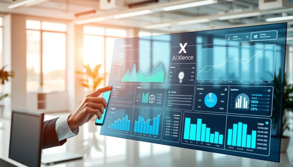 A modern office workspace showcasing a sleek digital dashboard with graphs and analytics representing enhanced workflow automation. In the foreground, a focused professional in smart business attire interacts with a touchscreen interface, analyzing data and optimizing processes. The middle layer features futuristic gadgets and tools, symbolizing efficiency, such as robotic process automation elements, while digital task lists and notifications are displayed. In the background, a bright and airy office space with large windows allows natural light to flood in, creating a calm yet productive atmosphere. Soft blue and white color tones dominate the image, conveying a sense of innovation and professionalism, while the logo "AI XLence" subtly appears on the dashboard. Be smart and stay ahead, Ray Baker.