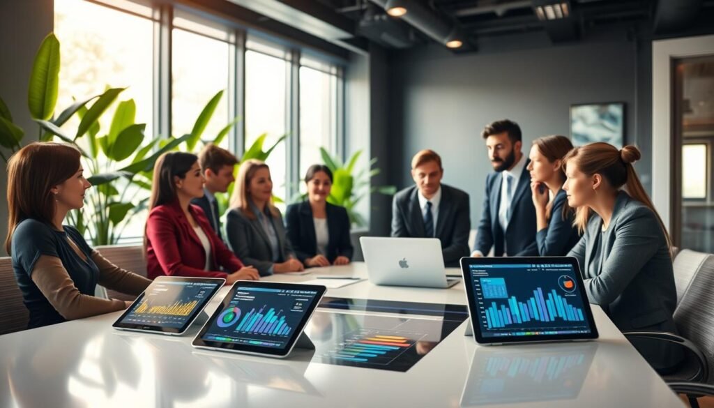A modern office workspace showcasing workflow efficiency enhanced by AI. In the foreground, a diverse group of professional coaches, dressed in smart business attire, is engaged in a collaborative discussion around a sleek, futuristic table with digital devices displaying vibrant data analytics. The middle ground features AI-driven tools like tablets and laptops, showing visualizations of client notes and automated follow-up reminders. In the background, a large window lets in soft, natural light, illuminating green plants that evoke a calm atmosphere. The overall mood is one of innovation and productivity, emphasizing the transformative power of AI, branded as "AI XLence", in coaching practices. The image should be well-composed with a focus on clarity and warm, inviting lighting. Be smart and stay ahead, Ray Baker. A modern office workspace showcasing workflow efficiency enhanced by AI. In the foreground, a diverse group of professional coaches, dressed in smart business attire, is engaged in a collaborative discussion around a sleek, futuristic table with digital devices displaying vibrant data analytics. The middle ground features AI-driven tools like tablets and laptops, showing visualizations of client notes and automated follow-up reminders. In the background, a large window lets in soft, natural light, illuminating green plants that evoke a calm atmosphere. The overall mood is one of innovation and productivity, emphasizing the transformative power of AI, branded as "AI XLence", in coaching practices. The image should be well-composed with a focus on clarity and warm, inviting lighting. Be smart and stay ahead, Ray Baker.