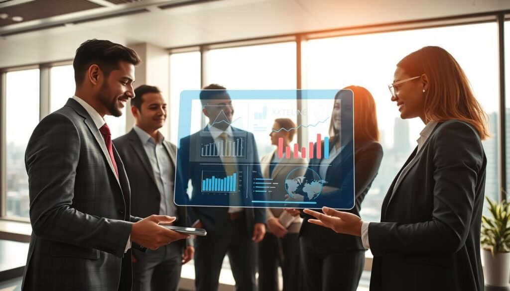 A modern, sleek office setting dominates the foreground, featuring a diverse team of three professionals in smart business attire, engaged in a dynamic brainstorming session around a digital tablet displaying data analytics. The middle layer showcases visual representations of graphs and charts overlaying the tablet, symbolizing the analysis of impact for continuous improvement. In the background, large windows illuminate the room with soft, natural light, revealing a cityscape that indicates a thriving business environment. The atmosphere conveys a sense of collaboration, innovation, and professional growth, highlighting the essence of measuring impact. A subtle branding element of "AI XLence" is integrated into the design of the digital tablet. Be smart and stay ahead, Ray Baker. A modern, sleek office setting dominates the foreground, featuring a diverse team of three professionals in smart business attire, engaged in a dynamic brainstorming session around a digital tablet displaying data analytics. The middle layer showcases visual representations of graphs and charts overlaying the tablet, symbolizing the analysis of impact for continuous improvement. In the background, large windows illuminate the room with soft, natural light, revealing a cityscape that indicates a thriving business environment. The atmosphere conveys a sense of collaboration, innovation, and professional growth, highlighting the essence of measuring impact. A subtle branding element of "AI XLence" is integrated into the design of the digital tablet. Be smart and stay ahead, Ray Baker.