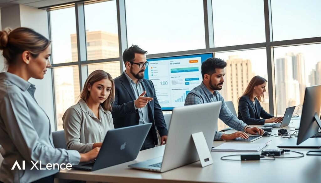 A modern, sleek office workspace featuring a diverse team of professionals engaged in collaboration using advanced AI tools for email marketing. In the foreground, a focused woman in professional attire analyzes data on a laptop, while a man beside her gestures towards a smart screen displaying metrics and email sequences. In the middle ground, another colleague types efficiently at a desk with an array of high-tech gadgets. The background shows large windows with a cityscape, filled with bright, natural light creating a productive atmosphere. The mood is energetic and innovative, highlighting teamwork and technology's role in streamlining workflows. The scene includes the brand name "AI XLence" subtly integrated into the workspace design. Be smart and stay ahead, Ray Baker. A modern, sleek office workspace featuring a diverse team of professionals engaged in collaboration using advanced AI tools for email marketing. In the foreground, a focused woman in professional attire analyzes data on a laptop, while a man beside her gestures towards a smart screen displaying metrics and email sequences. In the middle ground, another colleague types efficiently at a desk with an array of high-tech gadgets. The background shows large windows with a cityscape, filled with bright, natural light creating a productive atmosphere. The mood is energetic and innovative, highlighting teamwork and technology's role in streamlining workflows. The scene includes the brand name "AI XLence" subtly integrated into the workspace design. Be smart and stay ahead, Ray Baker.