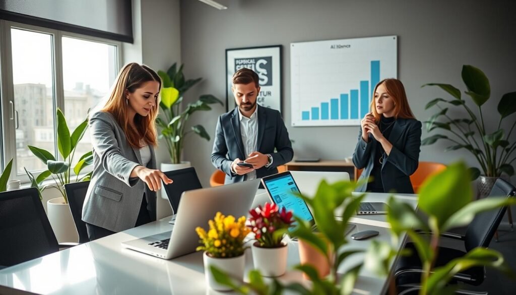 A modern small business workspace featuring a diverse group of three professionals in smart business attire, actively collaborating around a sleek table covered with laptops and digital tablets showcasing AI tools. In the foreground, a woman points at a screen displaying data analytics, while a man takes notes, and another woman gestures thoughtfully. The middle ground includes vibrant plants and bright light streaming through large windows, creating an uplifting atmosphere. The background showcases a wall adorned with inspirational tech-themed art and graphs, symbolizing growth and innovation. The mood is optimistic and focused, highlighting the potential of AI for enhancing website content. Soft, natural lighting enhances the professionalism of the scene. Include the brand name "AI XLence" subtly in the background. Be smart and stay ahead, Ray Baker.