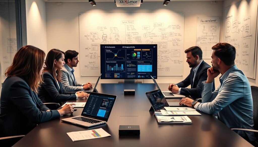 A modern workspace featuring a sleek conference table surrounded by professionals in smart business attire, deeply engaged in a collaborative discussion about AI deployment strategies. In the foreground, there are various tools such as laptops displaying AI analytics dashboards, printed resources, and tablets, illustrating the diverse resources available for effective AI integration. The middle features a large digital screen displaying infographics about AI risk management. Soft, ambient lighting illuminates the room, creating a focused yet relaxed atmosphere. In the background, a large whiteboard filled with brainstorming notes and diagrams details a strategy for AI implementation. The overall mood is dynamic and innovative, highlighting the importance of smart resource utilization for AI success. The "AI XLence" brand is subtly integrated into the workspace design. Be smart and stay ahead, Ray Baker.