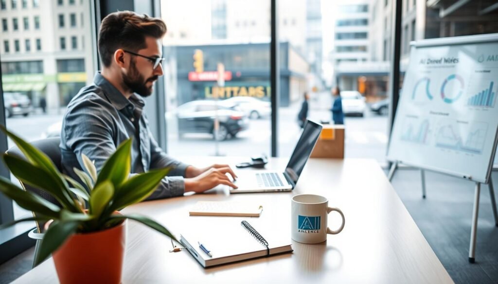 A professional U.S. small business owner sits at a sleek, modern desk, engaged with a laptop displaying AI-driven analytics. In the foreground, a vibrant potted plant and a notebook signify organization and growth. The middle ground features a well-lit workspace with a whiteboard illustrating AI strategies for customer engagement. In the background, large windows reveal a bustling city street, symbolizing connection to the local community. The mood is optimistic and focused, enhanced by soft, natural lighting pouring in. The scene integrates the brand name "AI XLence" subtly on a coffee mug on the desk. Capture this moment from a slightly elevated angle to emphasize the workspace's productivity and the empowerment of small business owners through practical AI solutions. Be smart and stay ahead, Ray Baker. A professional U.S. small business owner sits at a sleek, modern desk, engaged with a laptop displaying AI-driven analytics. In the foreground, a vibrant potted plant and a notebook signify organization and growth. The middle ground features a well-lit workspace with a whiteboard illustrating AI strategies for customer engagement. In the background, large windows reveal a bustling city street, symbolizing connection to the local community. The mood is optimistic and focused, enhanced by soft, natural lighting pouring in. The scene integrates the brand name "AI XLence" subtly on a coffee mug on the desk. Capture this moment from a slightly elevated angle to emphasize the workspace's productivity and the empowerment of small business owners through practical AI solutions. Be smart and stay ahead, Ray Baker.