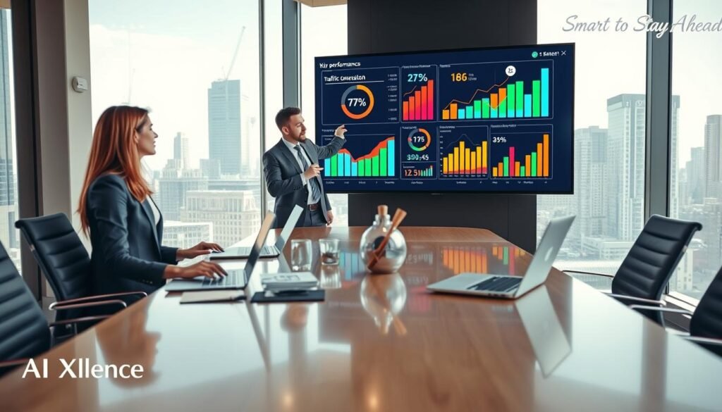 A professional business setting featuring a sleek, modern conference room. In the foreground, a diverse group of three professionals in business attire, a woman and two men, are engaged in discussion. One is pointing at a large digital screen displaying colorful graphs and key performance indicators prominently, showcasing metrics like traffic growth and conversion rates. In the middle, a polished conference table with laptops, notes, and analytical tools to emphasize data-driven decision-making. The background reveals large windows with natural light flooding in, highlighting an urban skyline. The overall mood is focused and collaborative, suggesting innovation and strategic planning within the context of AI SEO for small businesses. The scene includes branding elements subtly featuring "AI XLence". Be smart and stay ahead, Ray Baker.