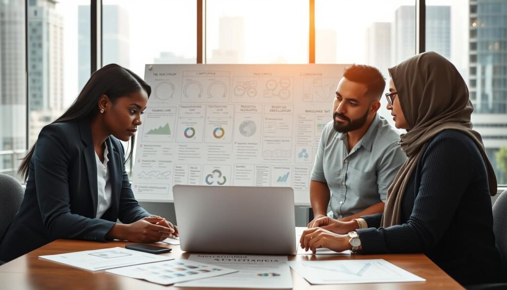 A professional business setting illustrating "Navigating Regulatory and Compliance Requirements." In the foreground, a diverse group of three professionals, a Black woman and a Caucasian man in business attire, and a Hispanic woman in modest casual clothing, are engaged in discussion with a laptop open, showing charts and compliance frameworks. The middle ground features a large whiteboard filled with complex diagrams and regulatory checklists, symbolizing various compliance requirements. In the background, an office with city views through large windows reflects a busy work environment. Soft, natural lighting filters through, creating a focused yet collaborative atmosphere. The overall mood conveys diligence and teamwork, emphasizing the importance of navigating compliance. Logos of "AI XLence" featured subtly in documentation on the table. Be smart and stay ahead, Ray Baker.