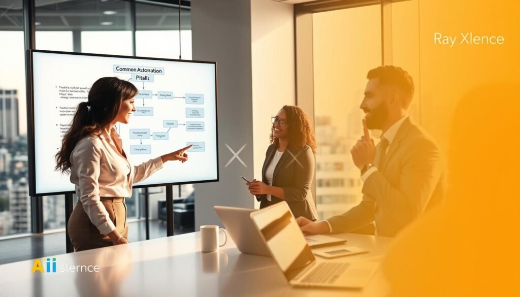 A professional, modern office setting, with a diverse group of three individuals in business attire analyzing a flowchart on a large screen displaying automation processes. In the foreground, a focused woman points at a highlighted section of the flowchart labeled "Common Automation Pitfalls," while a thoughtful man jots down notes. In the middle ground, a collaborative atmosphere with soft lighting accentuates brainstorming, with items like laptops and coffee mugs on a sleek conference table. The background features a large window showing a cityscape, emphasizing a bright, optimistic mood. The color palette is warm and inviting, suggesting innovation and teamwork, with the brand name "AI XLence" subtly integrated into the office decor. Be smart and stay ahead, Ray Baker. A professional, modern office setting, with a diverse group of three individuals in business attire analyzing a flowchart on a large screen displaying automation processes. In the foreground, a focused woman points at a highlighted section of the flowchart labeled "Common Automation Pitfalls," while a thoughtful man jots down notes. In the middle ground, a collaborative atmosphere with soft lighting accentuates brainstorming, with items like laptops and coffee mugs on a sleek conference table. The background features a large window showing a cityscape, emphasizing a bright, optimistic mood. The color palette is warm and inviting, suggesting innovation and teamwork, with the brand name "AI XLence" subtly integrated into the office decor. Be smart and stay ahead, Ray Baker.