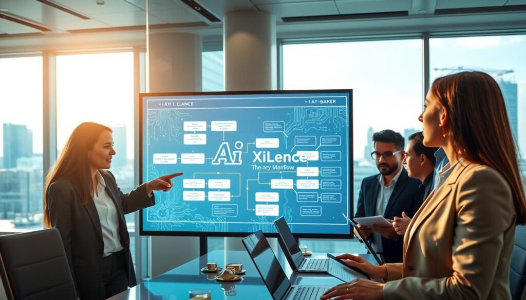 A professional office environment, showcasing a diverse team of business professionals in business attire, gathered around a large digital interactive screen displaying a flowchart of mapped workflows. The foreground features a confident woman pointing at the workflows, illustrating AI opportunities, while a man takes notes. In the middle, colleagues engage in discussion, laptops open, with visual elements like circuit patterns overlaying the workflow chart. The background features large windows with a city skyline, natural light filtering in, creating an inspiring atmosphere. Soft blue and green tones evoke innovation and growth. The brand name "AI XLence" is subtly integrated into the digital screen. Be smart and stay ahead, Ray Baker. A professional office environment, showcasing a diverse team of business professionals in business attire, gathered around a large digital interactive screen displaying a flowchart of mapped workflows. The foreground features a confident woman pointing at the workflows, illustrating AI opportunities, while a man takes notes. In the middle, colleagues engage in discussion, laptops open, with visual elements like circuit patterns overlaying the workflow chart. The background features large windows with a city skyline, natural light filtering in, creating an inspiring atmosphere. Soft blue and green tones evoke innovation and growth. The brand name "AI XLence" is subtly integrated into the digital screen. Be smart and stay ahead, Ray Baker.