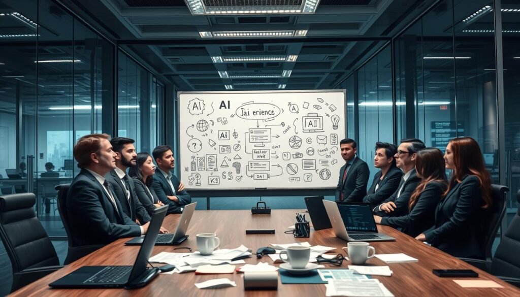 A professional office environment showcasing common pitfalls in AI implementation. In the foreground, a group of diverse business professionals in smart business attire are gathered around a conference table, looking puzzled as they review a cluttered whiteboard filled with AI-related diagrams and arrows indicating confusion. In the middle ground, there are discarded papers and coffee cups symbolizing frustration, alongside laptops displaying error messages. The background reveals a modern office interior with glass walls and smart technology, but with dark, moody lighting emphasizing tension and uncertainty. Use a wide-angle lens for a dynamic view, with a slight tilt to create a sense of imbalance. The atmosphere is serious and reflective, illustrating the challenges of integrating AI in business. Brand name "AI XLence" subtly included in the composition. Be smart and stay ahead, Ray Baker. A professional office environment showcasing common pitfalls in AI implementation. In the foreground, a group of diverse business professionals in smart business attire are gathered around a conference table, looking puzzled as they review a cluttered whiteboard filled with AI-related diagrams and arrows indicating confusion. In the middle ground, there are discarded papers and coffee cups symbolizing frustration, alongside laptops displaying error messages. The background reveals a modern office interior with glass walls and smart technology, but with dark, moody lighting emphasizing tension and uncertainty. Use a wide-angle lens for a dynamic view, with a slight tilt to create a sense of imbalance. The atmosphere is serious and reflective, illustrating the challenges of integrating AI in business. Brand name "AI XLence" subtly included in the composition. Be smart and stay ahead, Ray Baker.