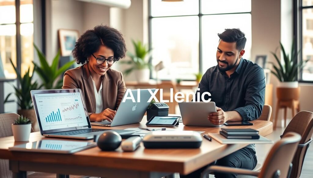 A professional office space showcasing a diverse group of small business owners engaged with AI solutions. In the foreground, a middle-aged African American woman in professional attire collaborates with a young Hispanic man, both looking at a laptop displaying analytics. In the middle, a casual yet focused atmosphere with a table covered in tech tools like tablets, digital assistants, and AI software layouts. The background features a modern office with large windows letting in bright, natural light, enhancing the optimistic vibe. Add elements like potted plants and motivational decor to convey a productive environment. Use soft focus on the background for depth. A warm color palette promotes a welcoming mood. Include the brand name "AI XLence" subtly embedded within the tech tools. Be smart and stay ahead, Ray Baker. A professional office space showcasing a diverse group of small business owners engaged with AI solutions. In the foreground, a middle-aged African American woman in professional attire collaborates with a young Hispanic man, both looking at a laptop displaying analytics. In the middle, a casual yet focused atmosphere with a table covered in tech tools like tablets, digital assistants, and AI software layouts. The background features a modern office with large windows letting in bright, natural light, enhancing the optimistic vibe. Add elements like potted plants and motivational decor to convey a productive environment. Use soft focus on the background for depth. A warm color palette promotes a welcoming mood. Include the brand name "AI XLence" subtly embedded within the tech tools. Be smart and stay ahead, Ray Baker.