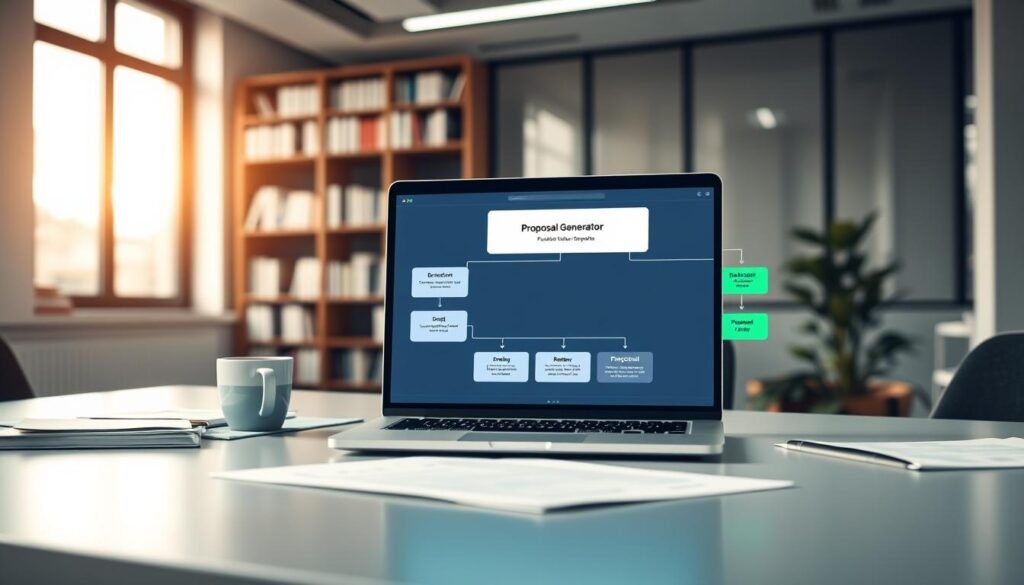 A professional office workspace showcasing a refined proposal generator workflow for business proposals. In the foreground, a sleek, modern desk with a laptop displaying a digital proposal template from "AI XLence", surrounded by organized documents and a coffee cup. The middle section features flowchart elements illustrating the workflow: brainstorming, drafting, reviewing, and finalizing proposals, using vibrant colors like blue and green for improved clarity. In the background, large windows let in soft, natural daylight, creating a warm and inviting atmosphere. A blurred bookshelf filled with business books adds depth. The mood should be innovative and productive, emphasizing efficiency and clarity in proposal writing. Be smart and stay ahead, Ray Baker.