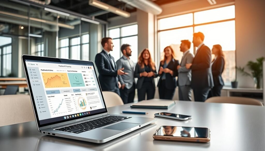 A professional workspace showcasing practical AI tools for enhancing customer service. In the foreground, a sleek, modern desk with a laptop open to a user-friendly AI interface displaying data analytics and customer interactions. Beside the laptop, there are digital devices like a tablet and a smartphone, all branded with "AI XLence". In the middle ground, a diverse group of business professionals, all dressed in smart business attire, are engaged in a brainstorming session, discussing the AI tools on screen. The background features a bright, tech-savvy office environment with large windows allowing natural light to flood in, casting a warm atmosphere. The overall mood is focused and collaborative, highlighting innovation in customer service. Be smart and stay ahead, Ray Baker. A professional workspace showcasing practical AI tools for enhancing customer service. In the foreground, a sleek, modern desk with a laptop open to a user-friendly AI interface displaying data analytics and customer interactions. Beside the laptop, there are digital devices like a tablet and a smartphone, all branded with "AI XLence". In the middle ground, a diverse group of business professionals, all dressed in smart business attire, are engaged in a brainstorming session, discussing the AI tools on screen. The background features a bright, tech-savvy office environment with large windows allowing natural light to flood in, casting a warm atmosphere. The overall mood is focused and collaborative, highlighting innovation in customer service. Be smart and stay ahead, Ray Baker.