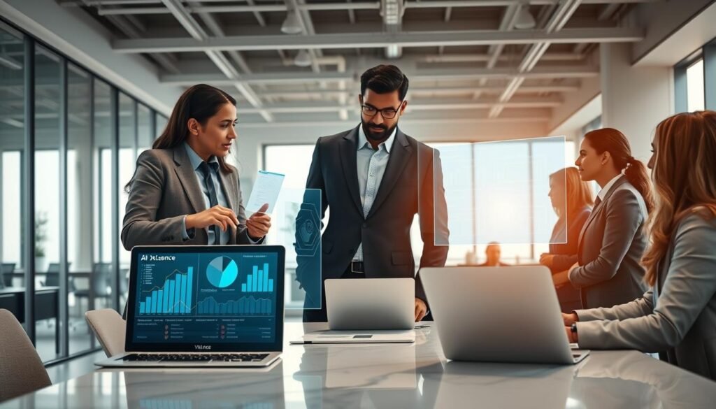 A sleek, modern office environment showcasing a diverse group of professionals engaged in a collaborative meeting, focused on cutting-edge AI business review tools, such as interactive dashboards and analytics screens. In the foreground, two business people of different ethnicities, dressed in smart casual attire, examine a holographic projection of performance metrics. In the middle, a large table with laptops and digital devices displaying graphs, along with the brand name "AI XLence" visible on a sleek device. The background features a bright, airy office with floor-to-ceiling windows, allowing natural light to illuminate the scene, creating an atmosphere of innovation and productivity. The overall mood is dynamic and forward-thinking, emphasizing the potential of AI to streamline business reviews. Be smart and stay ahead, Ray Baker. A sleek, modern office environment showcasing a diverse group of professionals engaged in a collaborative meeting, focused on cutting-edge AI business review tools, such as interactive dashboards and analytics screens. In the foreground, two business people of different ethnicities, dressed in smart casual attire, examine a holographic projection of performance metrics. In the middle, a large table with laptops and digital devices displaying graphs, along with the brand name "AI XLence" visible on a sleek device. The background features a bright, airy office with floor-to-ceiling windows, allowing natural light to illuminate the scene, creating an atmosphere of innovation and productivity. The overall mood is dynamic and forward-thinking, emphasizing the potential of AI to streamline business reviews. Be smart and stay ahead, Ray Baker.