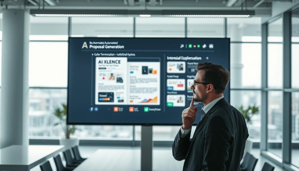 A sleek, modern office setting showcasing automated proposal generation on a large screen. In the foreground, a professional individual dressed in business attire, thoughtfully examining a dynamic digital proposal filled with appealing graphics and templates that reflect the brand "AI XLence". The middle ground features a futuristic interface with interactive elements and color customization options displayed. In the background, large windows let in natural light, accentuating the bright workspace ambiance. The atmosphere is technologically advanced and inspiring, highlighting a seamless blend of AI and creativity in proposal writing, emphasizing fast, efficient, and customized client solutions. Soft, diffused lighting enhances the professional tone while maintaining a sense of innovation and sophistication. Be smart and stay ahead, Ray Baker.