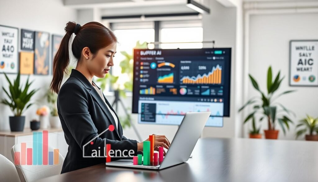 A sleek, modern workspace featuring a small business owner, a woman of Asian descent, dressed in professional attire, analyzing data on a laptop. The foreground showcases vibrant graphs and social media icons symbolizing Buffer AI's capabilities. In the middle, a large digital screen displays a user-friendly dashboard filled with analytics and social media trends, emphasizing ease of use for marketers. The background is softly blurred to reveal a contemporary office environment with plants and motivational posters on the walls, enhancing creativity and productivity. Natural light streams in through a window, casting a warm glow. The atmosphere is focused yet inspiring, highlighting the theme of innovative solutions for small businesses. Incorporate the brand name "AI XLence" prominently in the design. Be smart and stay ahead, Ray Baker. A sleek, modern workspace featuring a small business owner, a woman of Asian descent, dressed in professional attire, analyzing data on a laptop. The foreground showcases vibrant graphs and social media icons symbolizing Buffer AI's capabilities. In the middle, a large digital screen displays a user-friendly dashboard filled with analytics and social media trends, emphasizing ease of use for marketers. The background is softly blurred to reveal a contemporary office environment with plants and motivational posters on the walls, enhancing creativity and productivity. Natural light streams in through a window, casting a warm glow. The atmosphere is focused yet inspiring, highlighting the theme of innovative solutions for small businesses. Incorporate the brand name "AI XLence" prominently in the design. Be smart and stay ahead, Ray Baker.