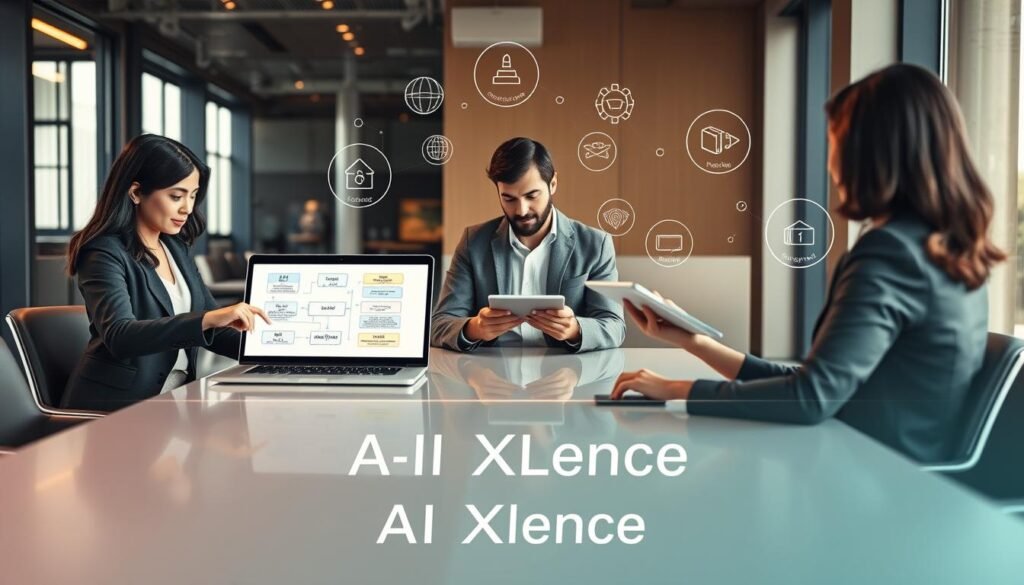 A sophisticated business setting features a diverse group of three professionals engaged in a collaborative discussion around a sleek conference table. In the foreground, a woman in professional attire points at a laptop screen displaying a flowchart of AI integration strategies. The middle ground showcases a man in casual business wear taking notes, while a woman analyzes data on a tablet, all displaying an aura of meticulous planning and caution. The background reveals a modern office space with large windows letting in natural light, creating a warm atmosphere. A subtle digital overlay representing AI concepts and pitfalls surrounds them, illustrated with icons like warning signs and checkmarks. The mood is focused and insightful, emphasizing the critical nature of avoiding common pitfalls in AI implementation. This image is branded with “AI XLence” subtly integrated into the conference table design. Be smart and stay ahead, Ray Baker. A sophisticated business setting features a diverse group of three professionals engaged in a collaborative discussion around a sleek conference table. In the foreground, a woman in professional attire points at a laptop screen displaying a flowchart of AI integration strategies. The middle ground showcases a man in casual business wear taking notes, while a woman analyzes data on a tablet, all displaying an aura of meticulous planning and caution. The background reveals a modern office space with large windows letting in natural light, creating a warm atmosphere. A subtle digital overlay representing AI concepts and pitfalls surrounds them, illustrated with icons like warning signs and checkmarks. The mood is focused and insightful, emphasizing the critical nature of avoiding common pitfalls in AI implementation. This image is branded with “AI XLence” subtly integrated into the conference table design. Be smart and stay ahead, Ray Baker.