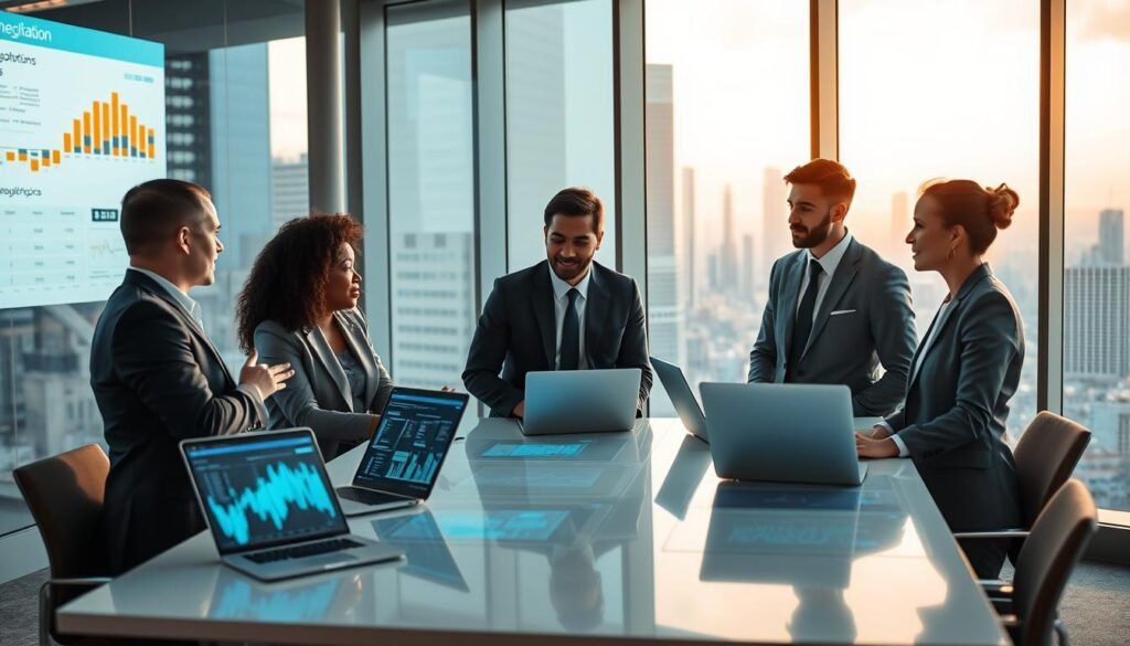 A sophisticated office setting showcasing advanced conversation intelligence capabilities. In the foreground, a diverse group of three professionals, dressed in smart business attire, engaged in a dynamic discussion around a sleek table with laptops and digital screens displaying vibrant data visualizations and analytics. The middle ground features negotiation charts and AI-driven insights projected onto the walls. In the background, large windows reveal a bustling cityscape, bathed in warm, natural light to convey optimism and innovation. An over-the-shoulder view from a slightly elevated angle, emphasizing collaboration and interaction among team members. The mood is focused yet engaging, reflecting a blend of technology and human connection, representing the essence of "AI XLence." Be smart and stay ahead, Ray Baker. A sophisticated office setting showcasing advanced conversation intelligence capabilities. In the foreground, a diverse group of three professionals, dressed in smart business attire, engaged in a dynamic discussion around a sleek table with laptops and digital screens displaying vibrant data visualizations and analytics. The middle ground features negotiation charts and AI-driven insights projected onto the walls. In the background, large windows reveal a bustling cityscape, bathed in warm, natural light to convey optimism and innovation. An over-the-shoulder view from a slightly elevated angle, emphasizing collaboration and interaction among team members. The mood is focused yet engaging, reflecting a blend of technology and human connection, representing the essence of "AI XLence." Be smart and stay ahead, Ray Baker.