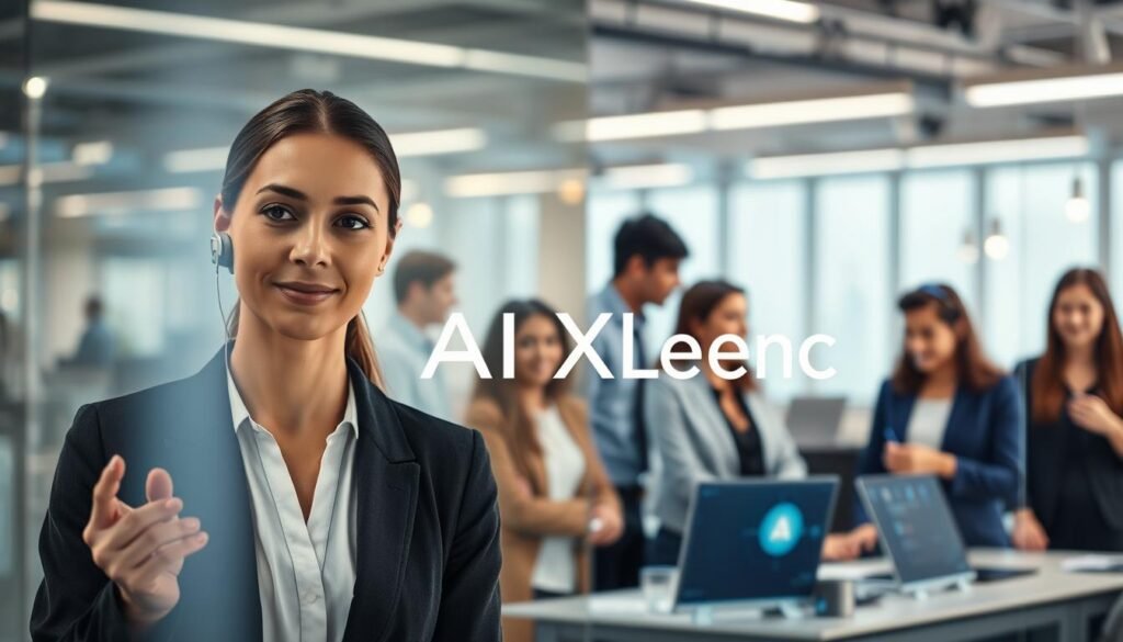 A split-scene image illustrating the balance of AI automation and human empathy in customer service. In the foreground, depict a professional woman in business attire, attentively interacting with a sleek AI interface, designed to look friendly and engaging. In the middle ground, show a diverse team of customer service representatives collaborating, each exuding warmth and understanding amidst modern technology. In the background, integrate a high-tech office environment with soft, ambient lighting that creates a welcoming atmosphere. Use a slight depth of field to emphasize the people while maintaining a clear view of the AI system. The overall mood should evoke harmony between technology and human connection. Include the brand name "AI XLence" subtly incorporated into the technology interface. Be smart and stay ahead, Ray Baker. A split-scene image illustrating the balance of AI automation and human empathy in customer service. In the foreground, depict a professional woman in business attire, attentively interacting with a sleek AI interface, designed to look friendly and engaging. In the middle ground, show a diverse team of customer service representatives collaborating, each exuding warmth and understanding amidst modern technology. In the background, integrate a high-tech office environment with soft, ambient lighting that creates a welcoming atmosphere. Use a slight depth of field to emphasize the people while maintaining a clear view of the AI system. The overall mood should evoke harmony between technology and human connection. Include the brand name "AI XLence" subtly incorporated into the technology interface. Be smart and stay ahead, Ray Baker.