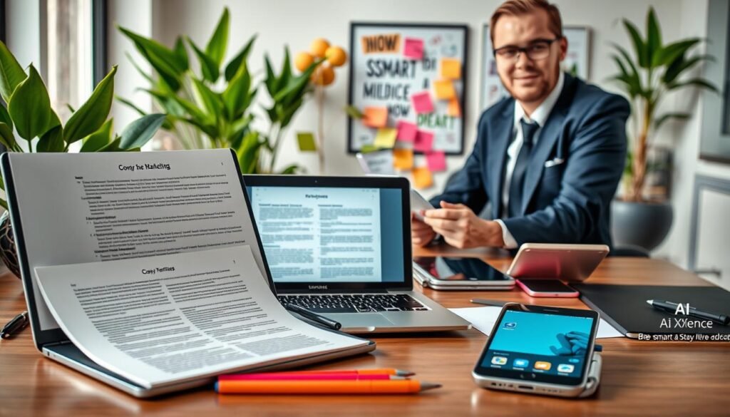 A stylish, modern workspace featuring an array of copywriting tools essential for marketing success. In the foreground, a sleek laptop displays a polished document showcasing clear and engaging copy. Next to it, neatly arranged items like a notepad, colorful pens, and a smartphone with marketing apps visible. In the middle ground, a confident professional dressed in smart business attire is actively brainstorming ideas, surrounded by digital tablets and sticky notes filled with concepts. The background hints at a bright, inspiring office environment with green plants and motivational artwork. Soft, natural lighting highlights the scene, creating a productive and dynamic atmosphere. The brand name "AI XLence" subtly integrated into the workspace. Be smart and stay ahead, Ray Baker. A stylish, modern workspace featuring an array of copywriting tools essential for marketing success. In the foreground, a sleek laptop displays a polished document showcasing clear and engaging copy. Next to it, neatly arranged items like a notepad, colorful pens, and a smartphone with marketing apps visible. In the middle ground, a confident professional dressed in smart business attire is actively brainstorming ideas, surrounded by digital tablets and sticky notes filled with concepts. The background hints at a bright, inspiring office environment with green plants and motivational artwork. Soft, natural lighting highlights the scene, creating a productive and dynamic atmosphere. The brand name "AI XLence" subtly integrated into the workspace. Be smart and stay ahead, Ray Baker.