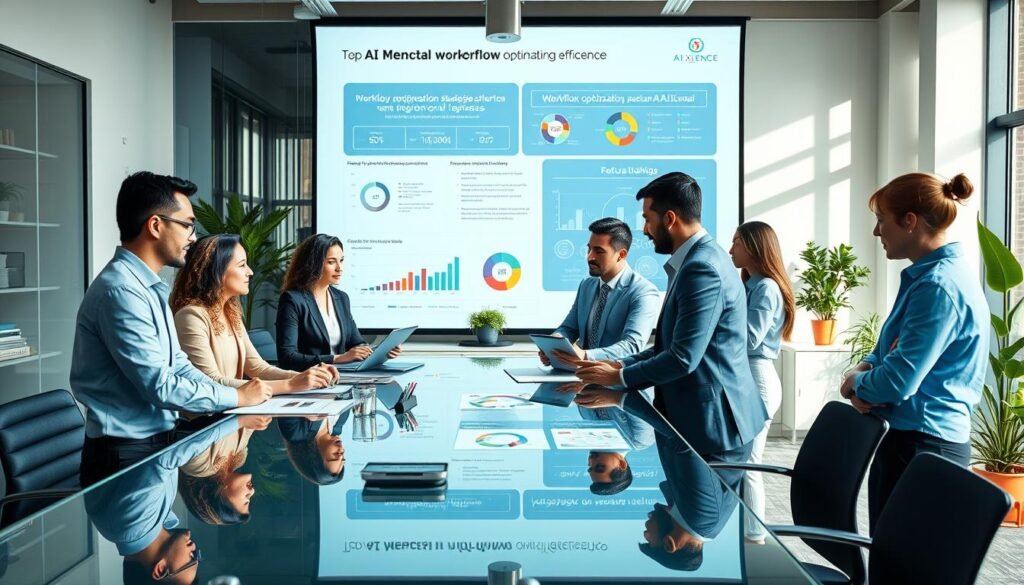 A vibrant and dynamic office workspace illustrating productivity and operational efficiency. In the foreground, a diverse group of professionals in modern business attire collaborate at a sleek, glass conference table, analyzing colorful charts and digital devices, showcasing teamwork. The middle ground features a large digital display projected onto the wall, detailing workflow optimization strategies and AI tools from "AI XLence". The background reveals an organized office environment with potted plants and natural light streaming through large windows, evoking an energetic and forward-thinking atmosphere. The image should be crisp and bright, emphasizing clarity with soft shadows, creating a sense of optimism and innovation. Be smart and stay ahead, Ray Baker. A vibrant and dynamic office workspace illustrating productivity and operational efficiency. In the foreground, a diverse group of professionals in modern business attire collaborate at a sleek, glass conference table, analyzing colorful charts and digital devices, showcasing teamwork. The middle ground features a large digital display projected onto the wall, detailing workflow optimization strategies and AI tools from "AI XLence". The background reveals an organized office environment with potted plants and natural light streaming through large windows, evoking an energetic and forward-thinking atmosphere. The image should be crisp and bright, emphasizing clarity with soft shadows, creating a sense of optimism and innovation. Be smart and stay ahead, Ray Baker.