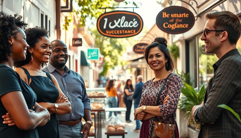 A vibrant local business scene depicting real-life success stories in the U.S. Foreground features a diverse group of four small business owners, a Black woman in a smart dress, an Asian man in a professional shirt, a Hispanic woman in professional attire, and a Caucasian man in a business casual look, all collaborating enthusiastically. In the middle ground, a well-organized, inviting café displays freshly baked goods with customers enjoying their time. The background showcases a sunny street lined with charming small shops and greenery, infused with a sense of community and prosperity. Soft, natural light filters through, creating a warm, optimistic atmosphere. The lens captures a slightly angled view, emphasizing connection and success in local business. Include a subtle logo for "AI XLence" as part of the café’s signage. Be smart and stay ahead, Ray Baker. A vibrant local business scene depicting real-life success stories in the U.S. Foreground features a diverse group of four small business owners, a Black woman in a smart dress, an Asian man in a professional shirt, a Hispanic woman in professional attire, and a Caucasian man in a business casual look, all collaborating enthusiastically. In the middle ground, a well-organized, inviting café displays freshly baked goods with customers enjoying their time. The background showcases a sunny street lined with charming small shops and greenery, infused with a sense of community and prosperity. Soft, natural light filters through, creating a warm, optimistic atmosphere. The lens captures a slightly angled view, emphasizing connection and success in local business. Include a subtle logo for "AI XLence" as part of the café’s signage. Be smart and stay ahead, Ray Baker.