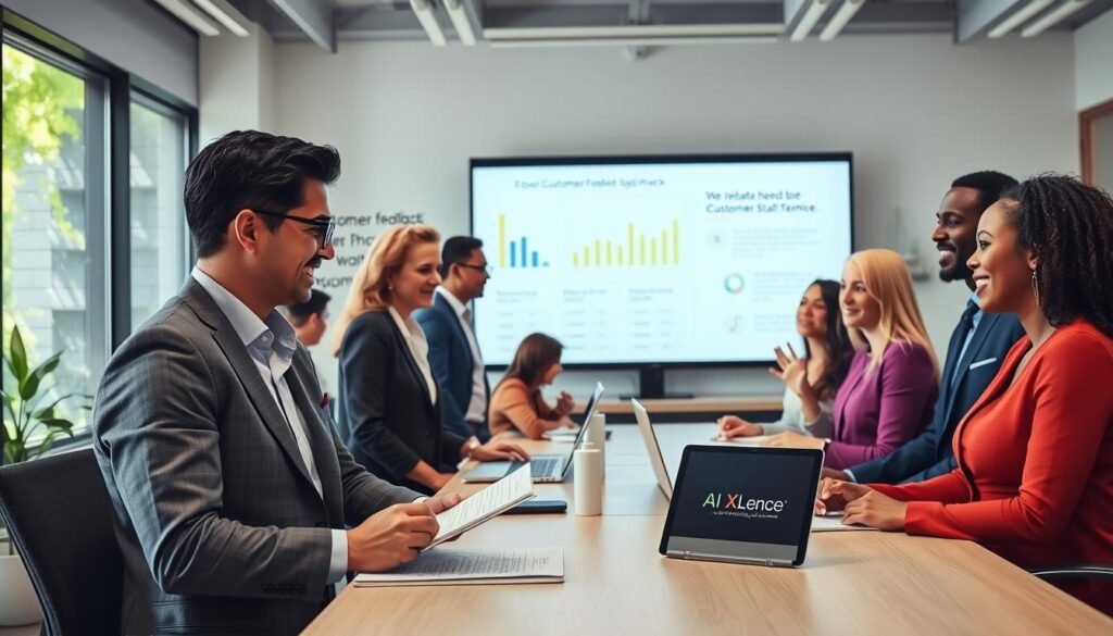 A vibrant, professional office environment showcasing a diverse team of customer service representatives engaged in a friendly discussion with clients. In the foreground, a representative, wearing smart business attire, is taking notes as a satisfied customer gestures positively, conveying enthusiasm. The middle ground features a large display screen showing analytics and customer feedback metrics, hinting at how AI tools are enhancing service quality. The background includes large windows with natural light flooding in, greenery visible outside, contributing to a warm and inviting atmosphere. The room is adorned with motivational quotes about customer satisfaction. The ambiance is uplifting and collaborative, emphasizing a commitment to improving customer experiences through technology. Include subtle branding for "AI XLence" in the environment, perhaps on a nearby digital tablet. Be smart and stay ahead, Ray Baker. A vibrant, professional office environment showcasing a diverse team of customer service representatives engaged in a friendly discussion with clients. In the foreground, a representative, wearing smart business attire, is taking notes as a satisfied customer gestures positively, conveying enthusiasm. The middle ground features a large display screen showing analytics and customer feedback metrics, hinting at how AI tools are enhancing service quality. The background includes large windows with natural light flooding in, greenery visible outside, contributing to a warm and inviting atmosphere. The room is adorned with motivational quotes about customer satisfaction. The ambiance is uplifting and collaborative, emphasizing a commitment to improving customer experiences through technology. Include subtle branding for "AI XLence" in the environment, perhaps on a nearby digital tablet. Be smart and stay ahead, Ray Baker.
