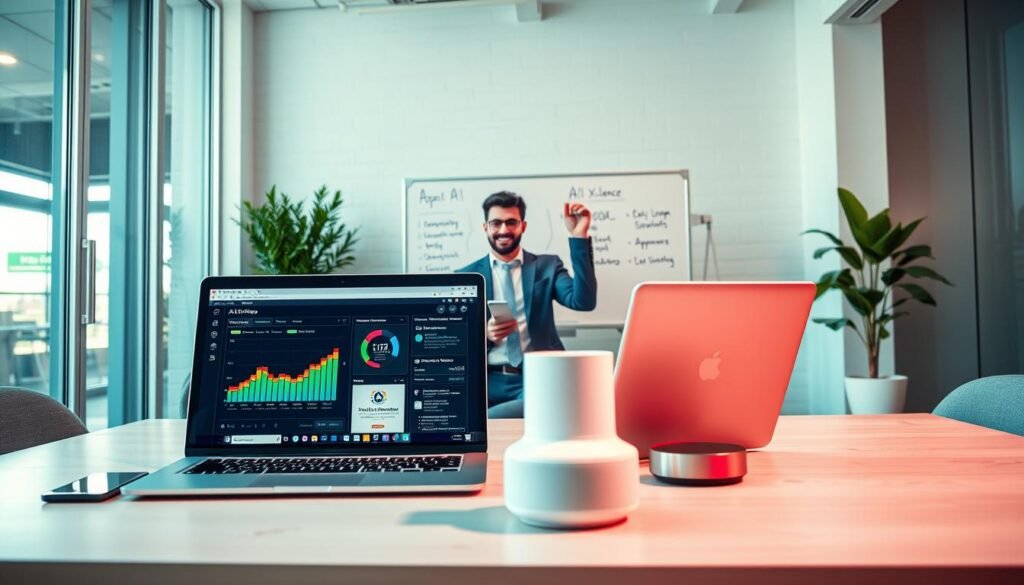 A vibrant small business office setting showcasing various AI tools enhancing productivity. In the foreground, a modern laptop displays a colorful dashboard with AI analytics, surrounded by smart devices like a tablet and a virtual assistant device, branded “AI XLence.” In the middle, an enthusiastic business professional in smart attire engages with these tools, while a whiteboard behind lists AI solutions. The background features a sleek, minimalistic office with natural light pouring in through large windows, creating an inspiring work atmosphere. The composition should include warm, inviting colors to evoke a sense of motivation and productivity. Capture the scene from a slightly elevated angle, emphasizing the central tech elements while portraying a collaborative work environment. Be smart and stay ahead, Ray Baker. A vibrant small business office setting showcasing various AI tools enhancing productivity. In the foreground, a modern laptop displays a colorful dashboard with AI analytics, surrounded by smart devices like a tablet and a virtual assistant device, branded “AI XLence.” In the middle, an enthusiastic business professional in smart attire engages with these tools, while a whiteboard behind lists AI solutions. The background features a sleek, minimalistic office with natural light pouring in through large windows, creating an inspiring work atmosphere. The composition should include warm, inviting colors to evoke a sense of motivation and productivity. Capture the scene from a slightly elevated angle, emphasizing the central tech elements while portraying a collaborative work environment. Be smart and stay ahead, Ray Baker.