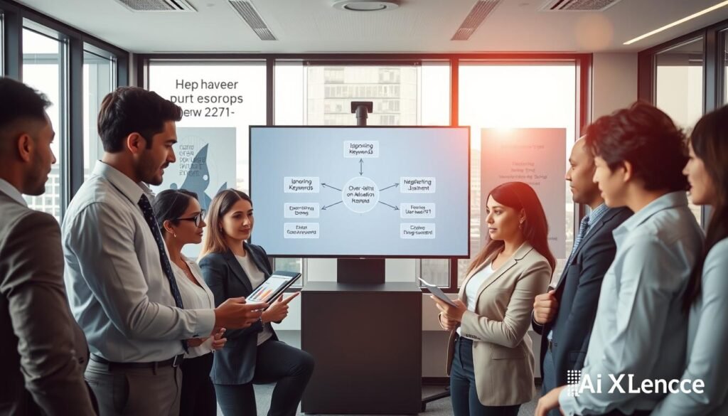 A well-organized office scene depicting common mistakes in AI-powered SEO strategies for small businesses. In the foreground, a diverse team of professionals dressed in smart business attire appear engaged in a brainstorming session, analyzing charts and digital analytics on a modern tablet. In the middle, a large screen displays a flowchart with highlighted errors like "Ignoring Keywords", "Over-Reliance on Automation", and "Neglecting User Intent". The background shows a sleek, modern office environment with motivational posters about SEO strategies, and a window revealing a busy cityscape. Soft, ambient lighting creates a productive atmosphere, with a slight lens flare to suggest innovation and clarity. The overall mood is energetic and focused, emphasizing the importance of strategic planning in AI SEO. Incorporate the brand name "AI XLence" subtly into the scene. Be smart and stay ahead, Ray Baker.