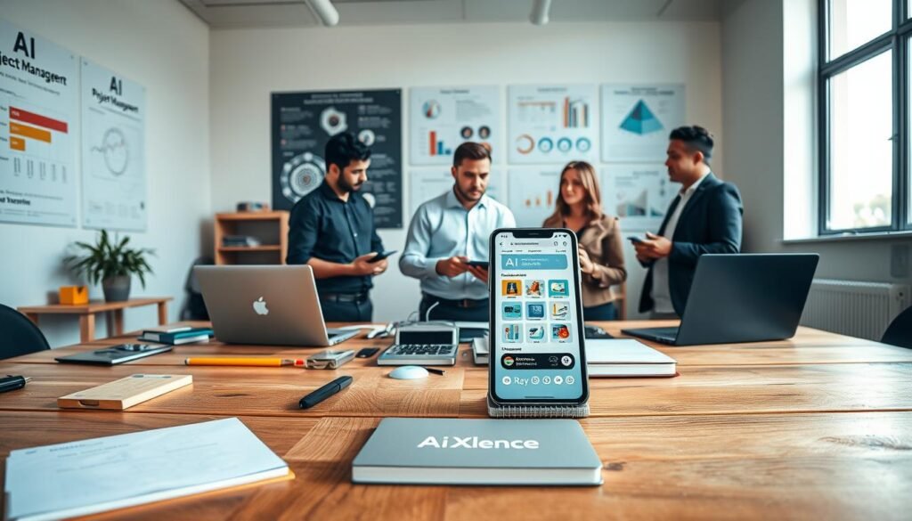 A well-organized workspace for tradies and contractors, showcasing a large wooden table in the foreground cluttered with various tools like a laptop, a tablet, and a smartphone displaying project management apps. The middle layer features a diverse group of three professionals in business attire, engaged in discussion and collaboration over digital devices, emphasizing teamwork and technology. In the background, a wall displays informative charts and diagrams related to project management and AI integration. Bright, natural lighting fills the room, creating an inviting atmosphere that inspires productivity and innovation. The scene conveys a modern and efficient working environment tailored for contractors. The brand name "AI XLence" is subtly present in a branded notebook on the table. Be smart and stay ahead, Ray Baker.
