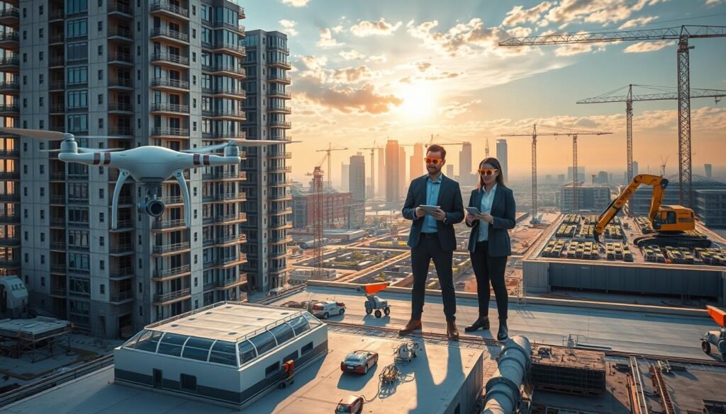 Futuristic construction site showcasing cutting-edge technologies and AI integrations, with a focus on drones surveying a high-rise building made of modular materials in the foreground. Skilled professionals in business attire using tablets and augmented reality glasses, interacting with 3D models of structures. The middle of the scene features robotic arms and automated machinery working seamlessly, enhancing productivity and efficiency. In the background, a skyline reflects innovative architectural designs with green spaces and solar panels, under a warm, golden-hour glow that casts striking shadows. The atmosphere is dynamic and forward-thinking, encapsulating the essence of future trends in construction technology, branded with "AI XLence". Be smart and stay ahead, Ray Baker.