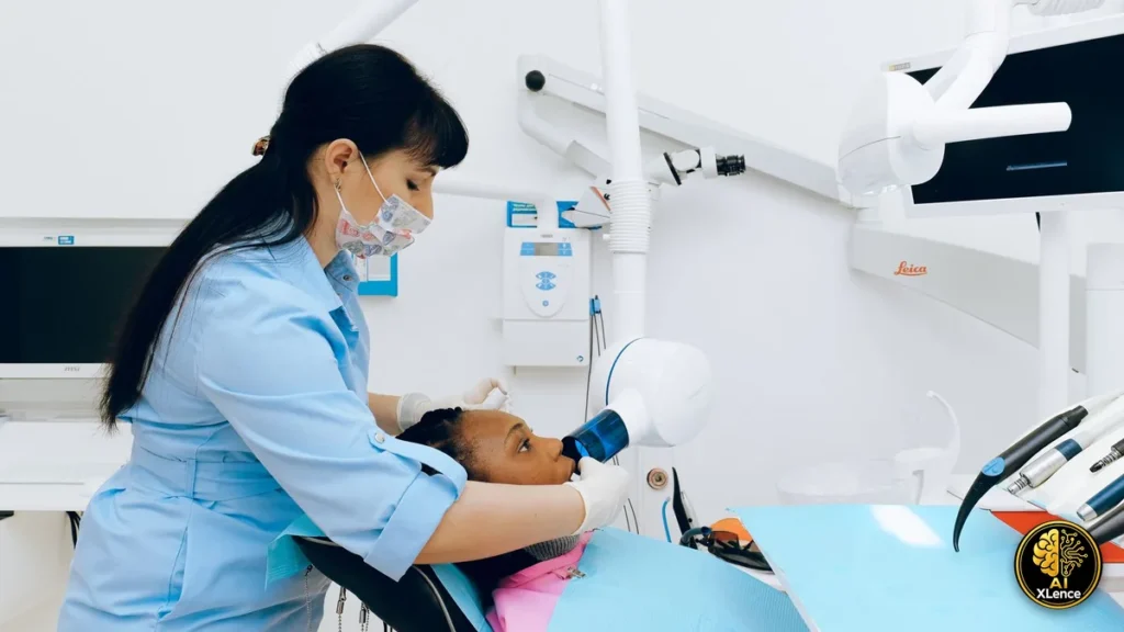 Dentist treating a patient in her clinic