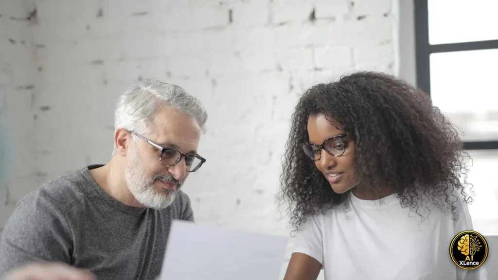 Older executive reviewing documents with a young professional woman