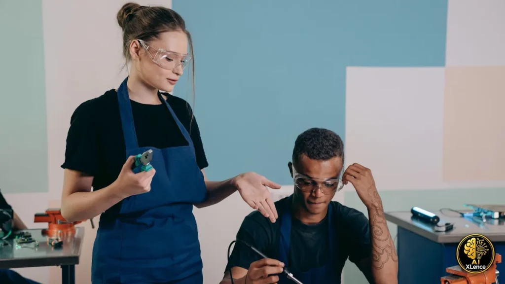 Repair technician and assistant in a workshop